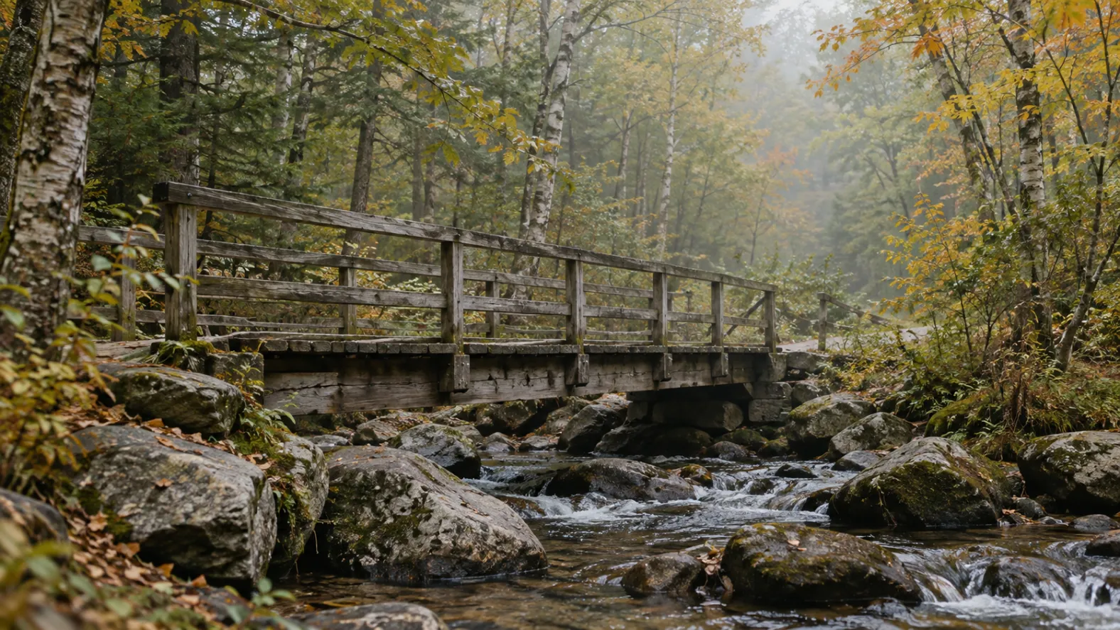 Misty Footbridge Over a Forest Brook